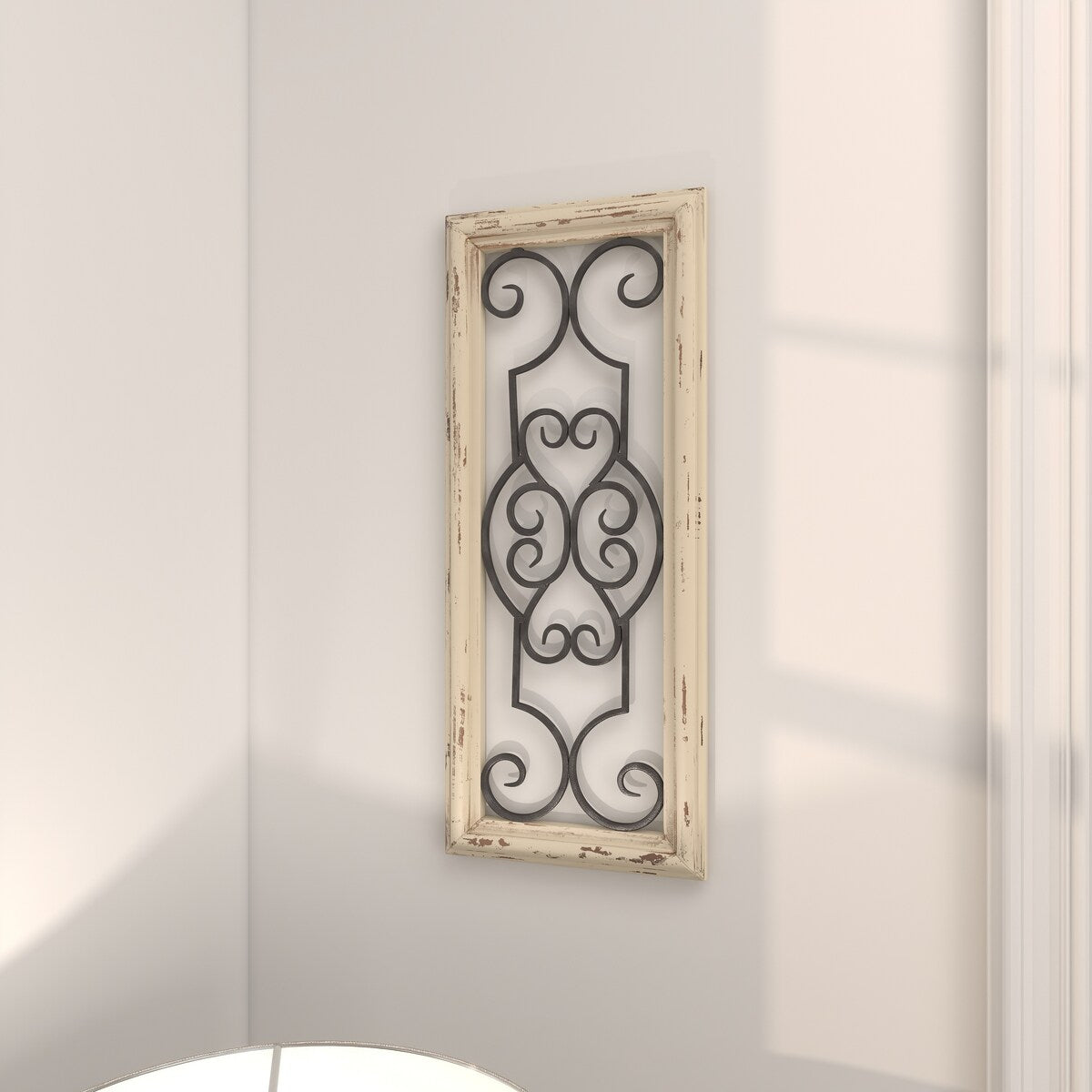 Wood Scroll Small Panel Home Wall Decor with Black Metal Scrollwork - White - Roche River Decor