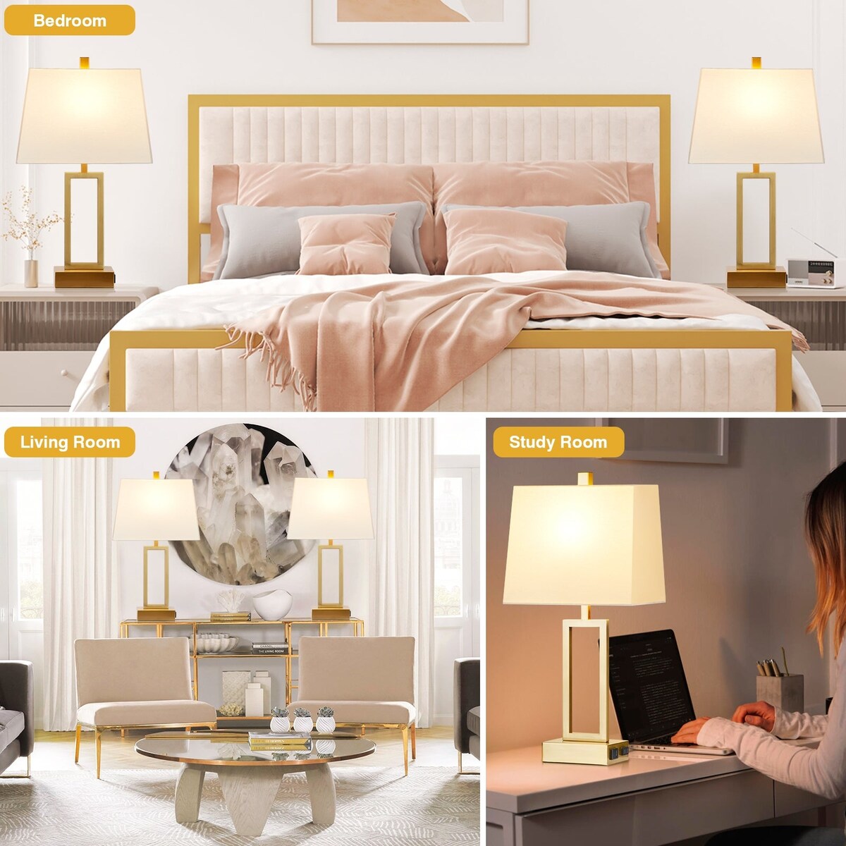 Gold Door Style Table Lamps with USB and Type-C Charging Ports AC Socket and 3-Way Touch Dimming Switch (Set of 2)