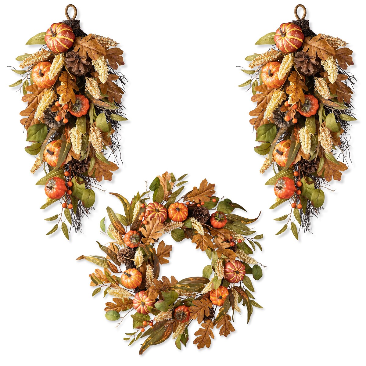 Glitzhome Fall Pumpkin Leaf Pine Cones Floral Swag Wreath