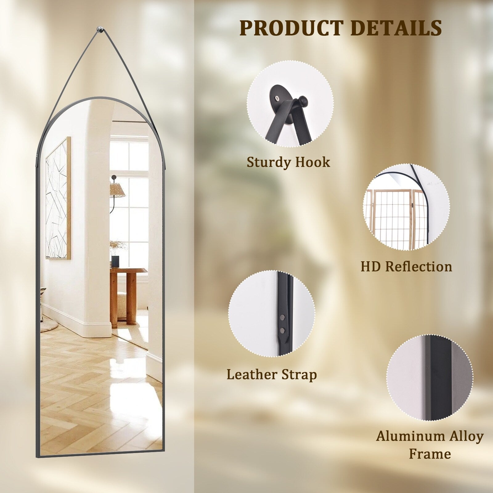 48 x 16 Full Length Hanging Wall Mirror with Leather Strap