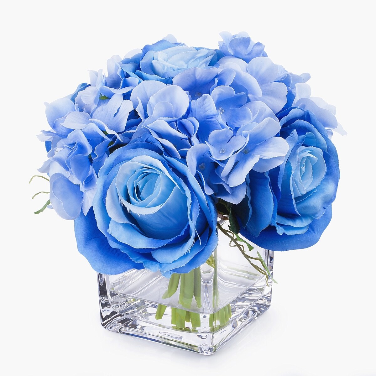 Enova Home Artificial Silk Hydrangea and Fake Roses Flowers Arrangement in Cube Glass Vase with Faux Water for Home Decoration