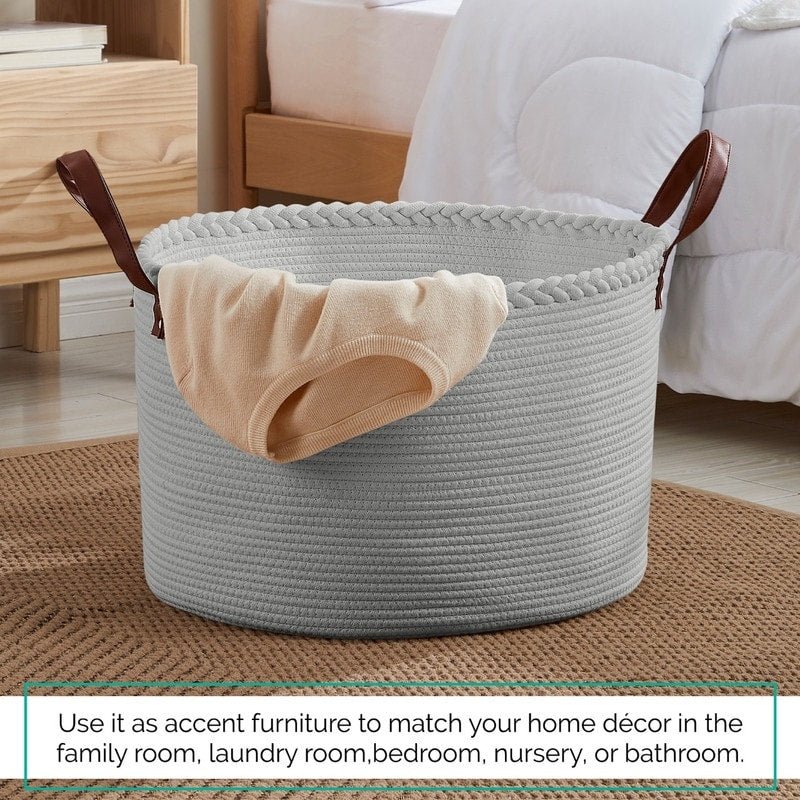 Large Round Cotton Rope Storage Basket Laundry Hamper with Leather Handles, 21 x 21 x 14 - 21 x 21 x 14