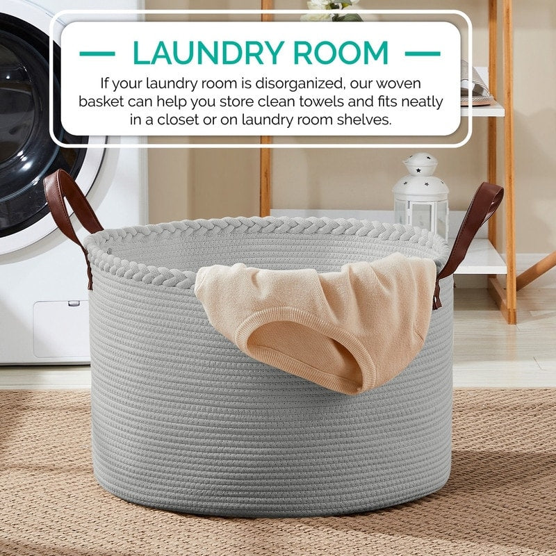 Large Round Cotton Rope Storage Basket Laundry Hamper with Leather Handles, 21 x 21 x 14 - 21 x 21 x 14