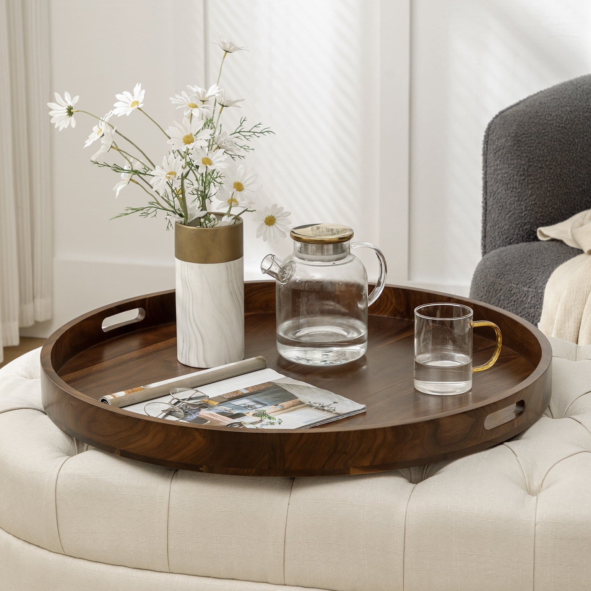 Round Black Walnut Wood Serving Tray Ottoman Tray with Handles