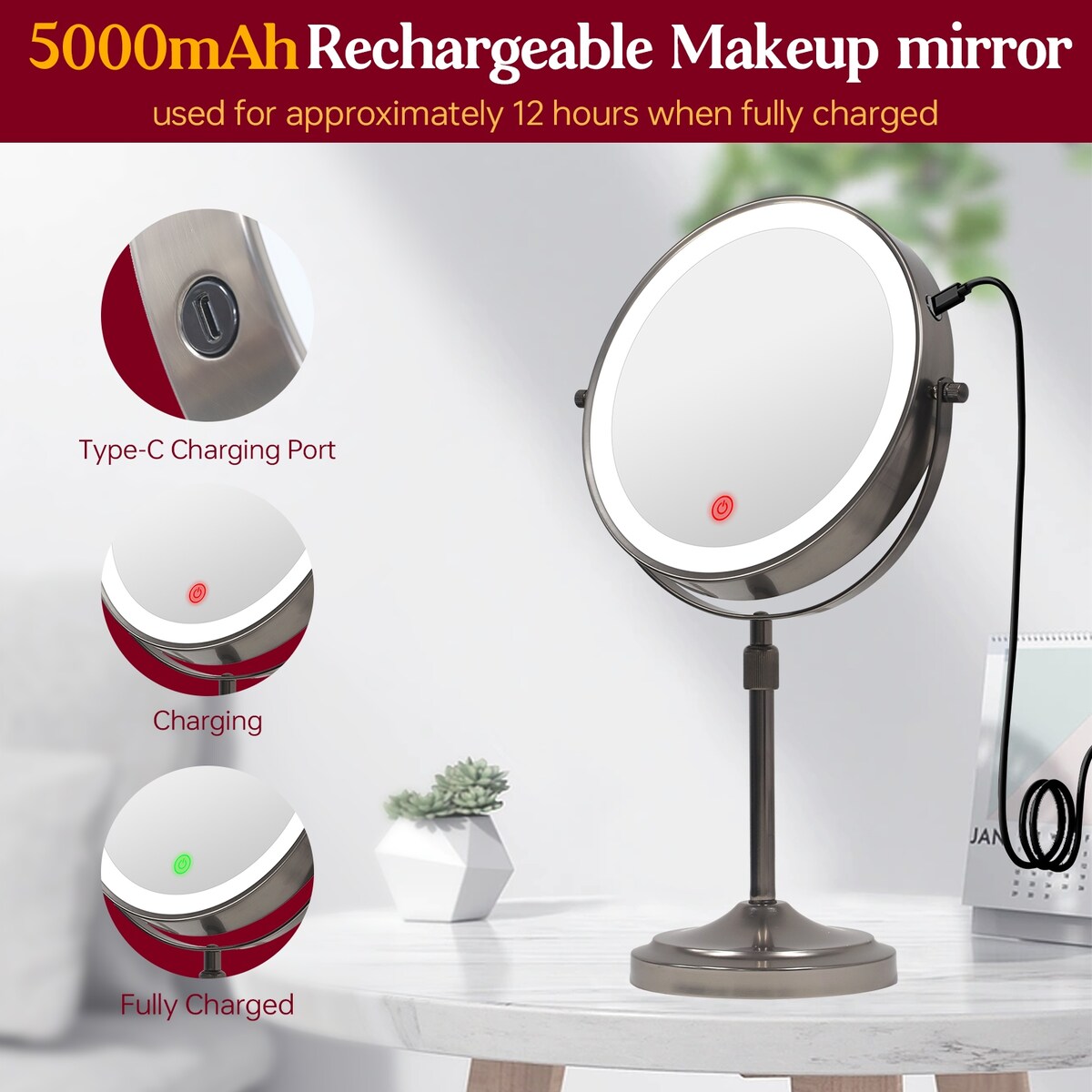 9 Rechargeable Lighted Makeup Mirror, Vanity Mirror with 1X/10x Magnification, Height Adjustable 3-Lighting Modes Dimmable