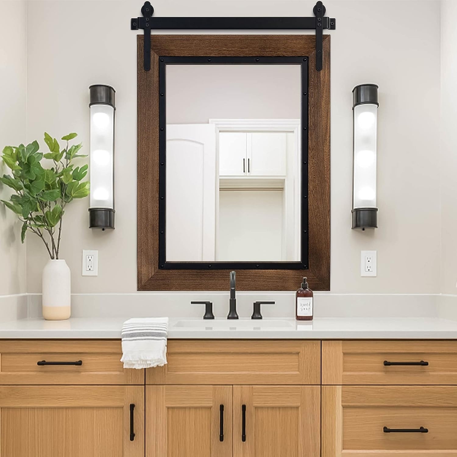 Farmhouse Barn Door Style Natural Wood Bathroom Vanity Wall Mirror