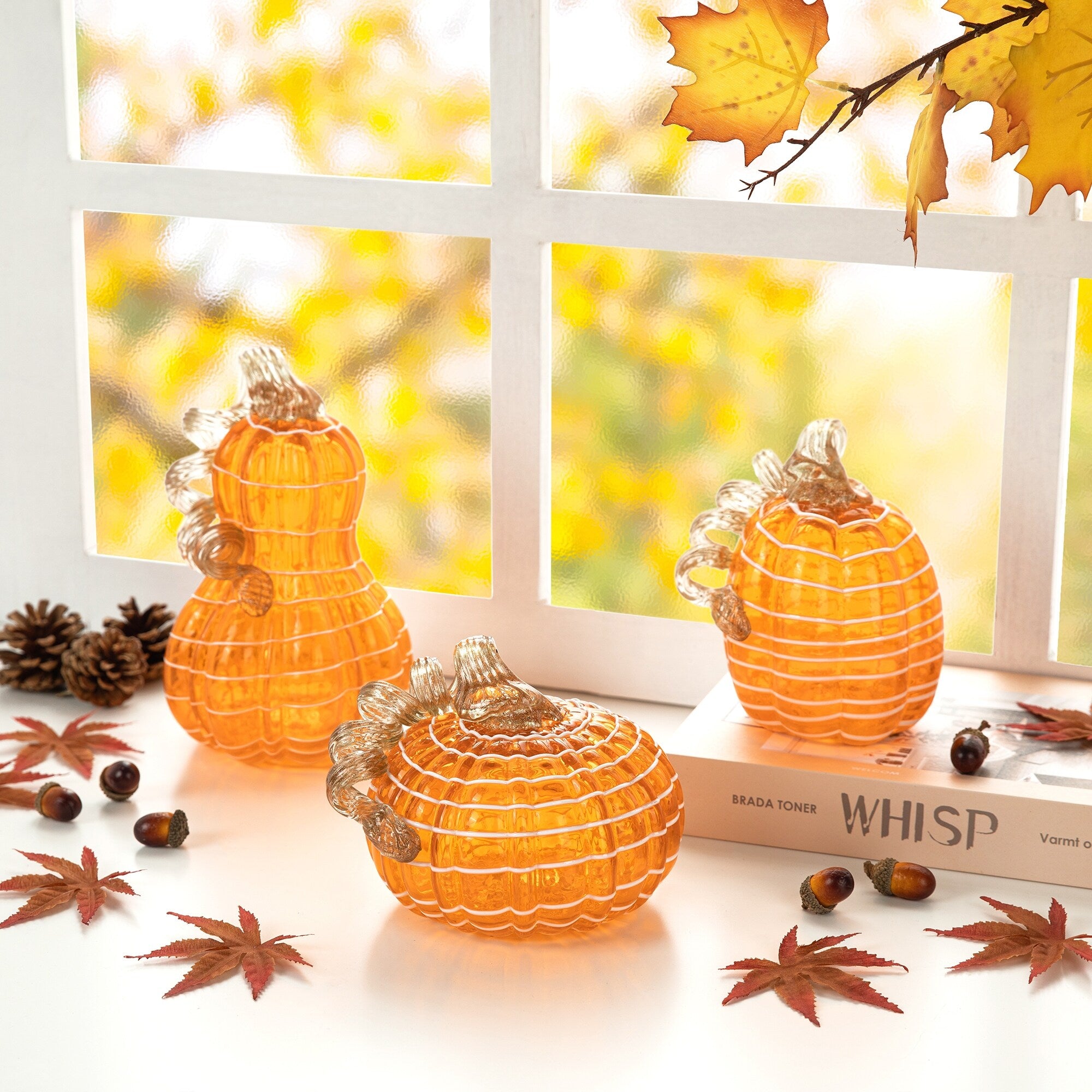 Glitzhome S/3 Thanksgiving Harvest Glass Pumpkin & Gourd Decor Christmas Centerpiece