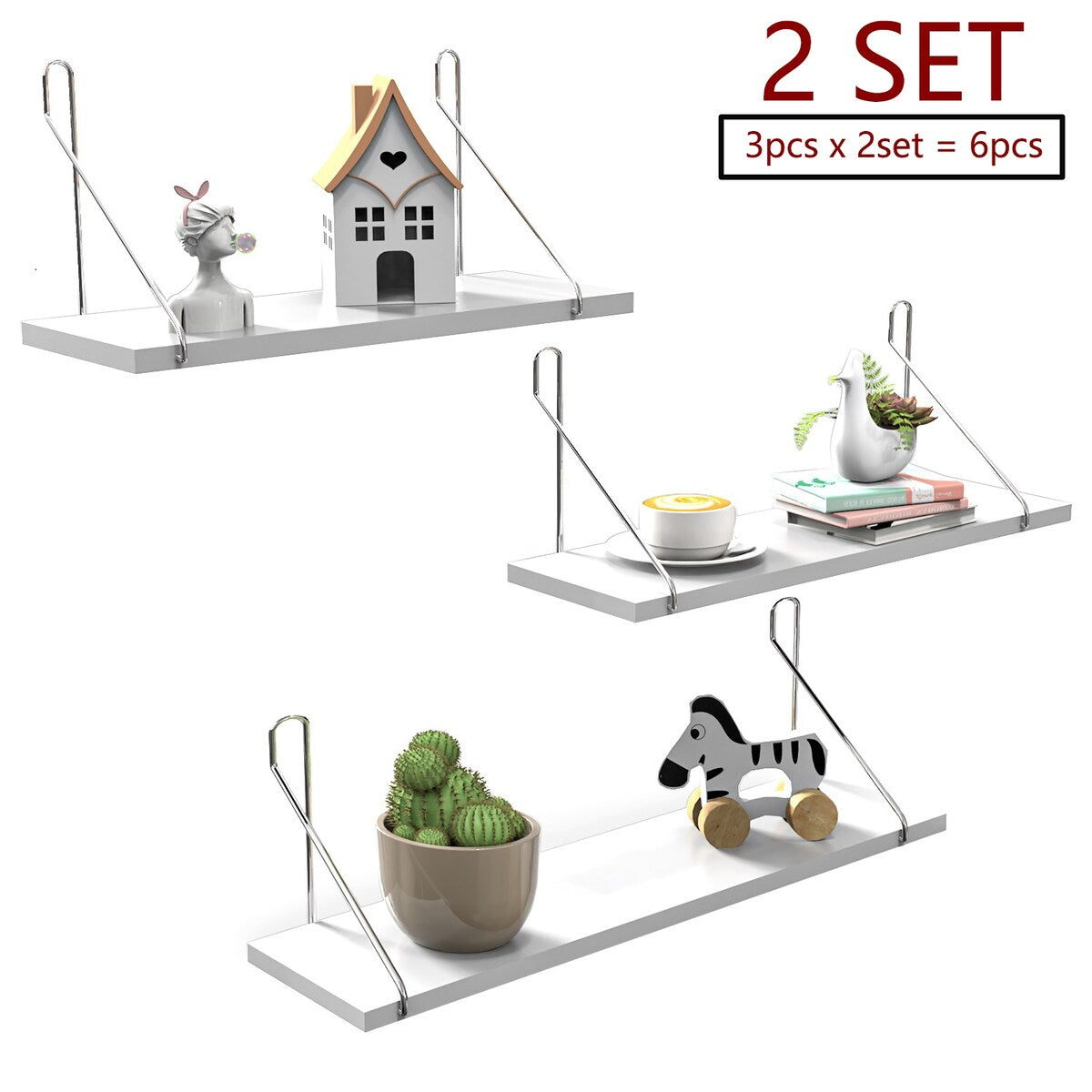 6 PCS / 2 Sets Floating Shelves, Wall Mounted Shelf for Bathroom Decor, Bedroom, Living Room and Plants