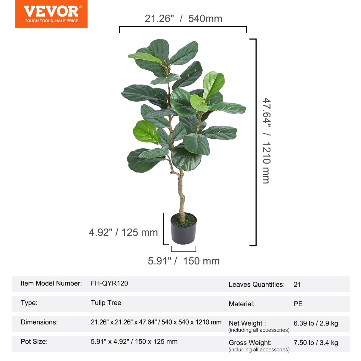 VEVOR Artificial Fiddle Leaf Fig Tree,Lifelike Green Fake Potted Tree for Home Office Warehouse Decor Indoor Outdoor