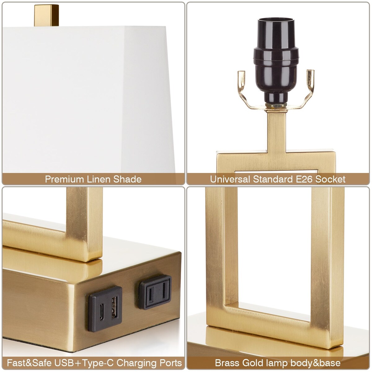 Gold Door Style Table Lamps with USB and Type-C Charging Ports AC Socket and 3-Way Touch Dimming Switch (Set of 2)