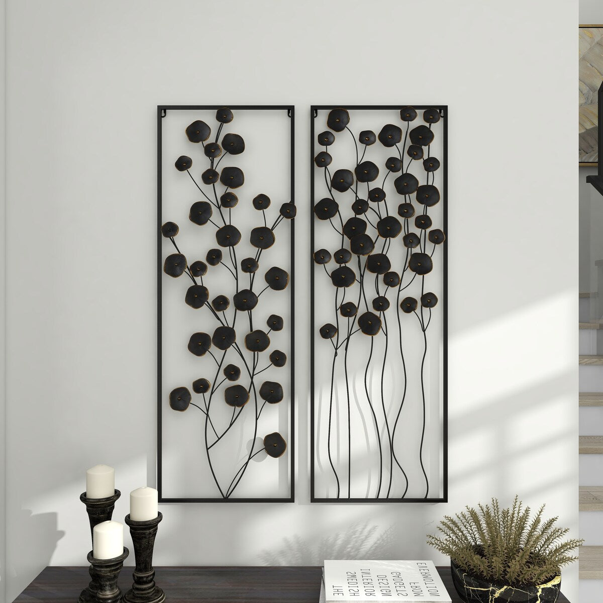 Metal Floral Home Wall Decor with Black Frame - Set of 2 Black - Roche River Decor