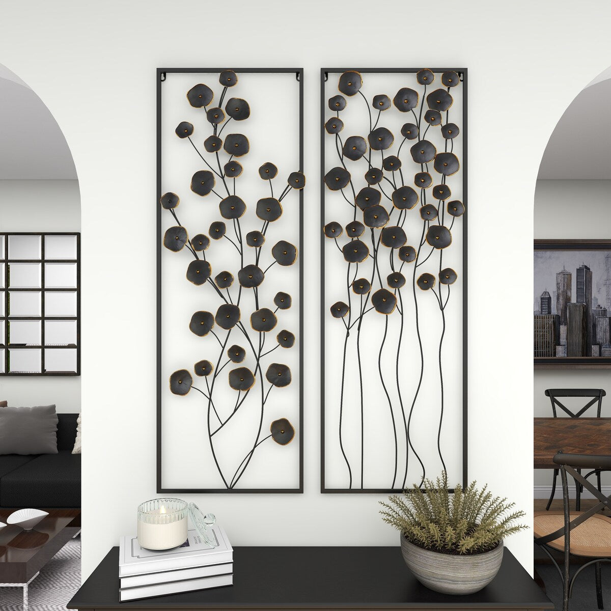 Metal Floral Home Wall Decor with Black Frame - Set of 2 Black - Roche River Decor