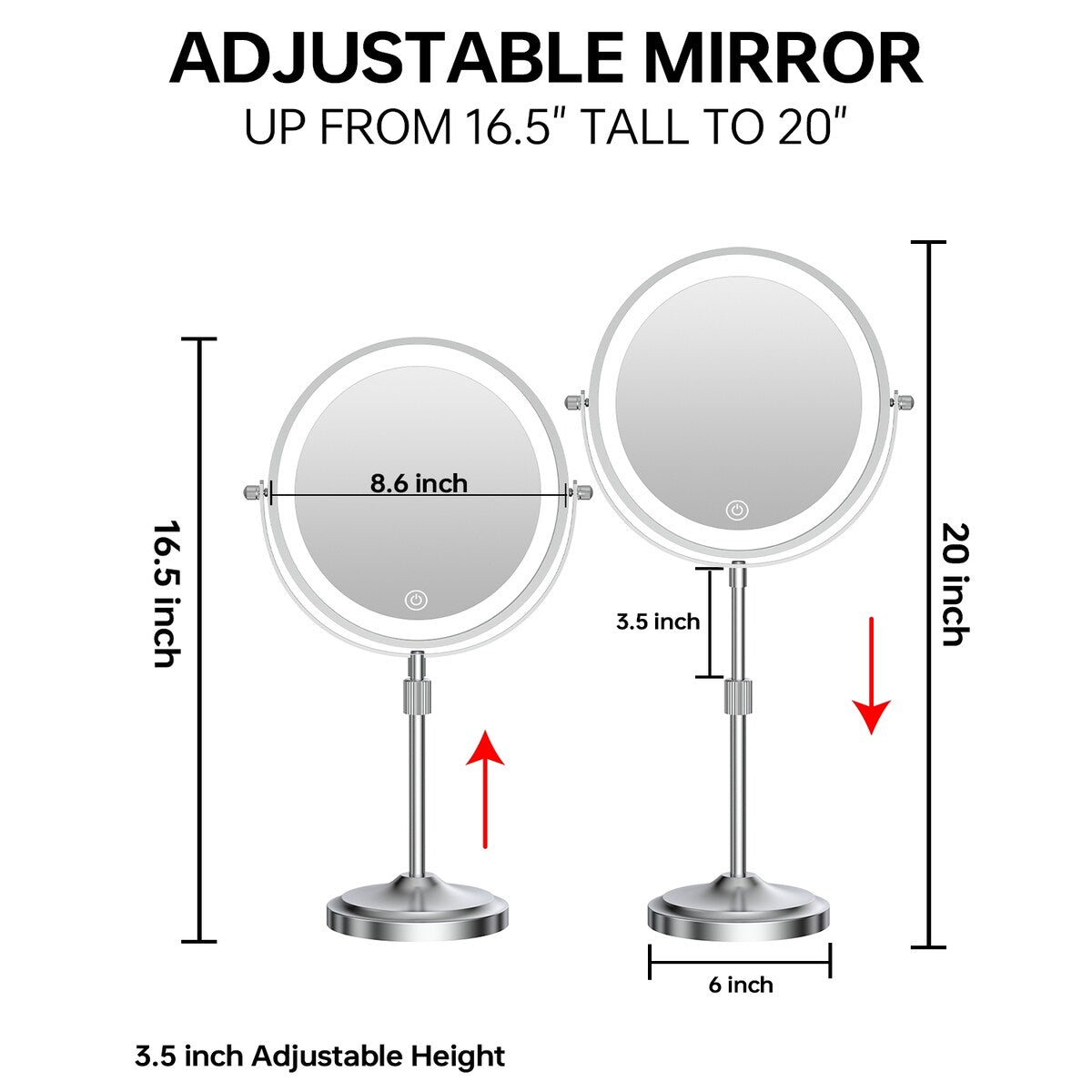 9 Rechargeable Lighted Makeup Mirror, Vanity Mirror with 1X/10x Magnification, Height Adjustable 3-Lighting Modes Dimmable