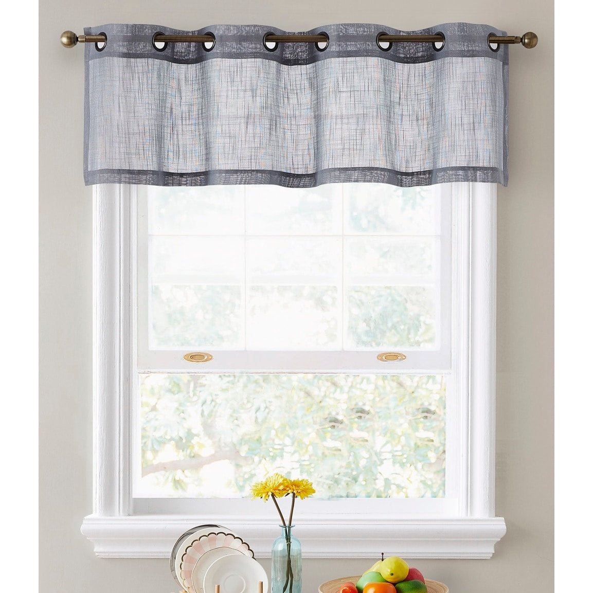 HLC.me Abbey Faux Linen Textured Semi Sheer Grommet Curtain Tiers Valance Small Windows, Bedroom & Bathroom