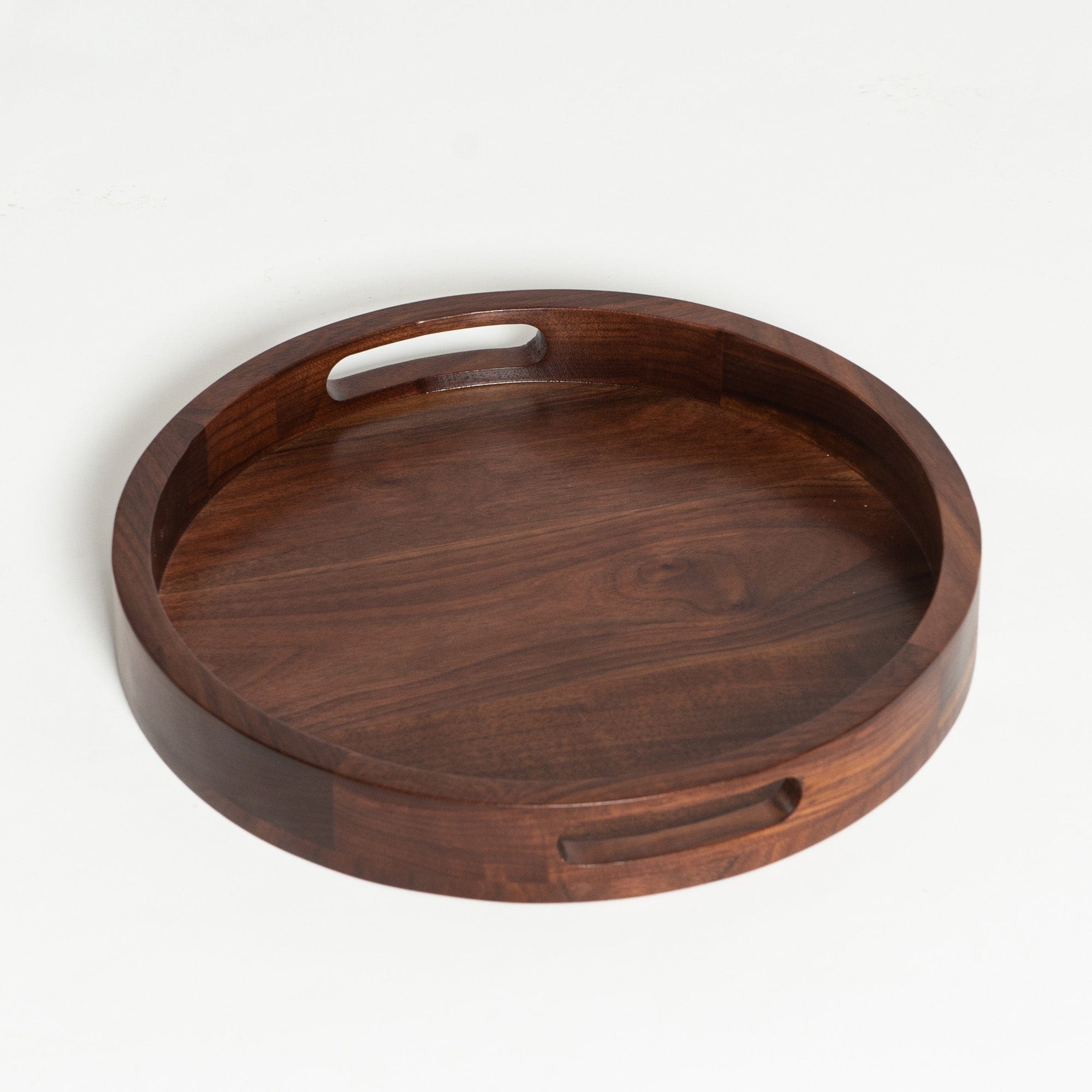 Round Black Walnut Wood Serving Tray Ottoman Tray with Handles