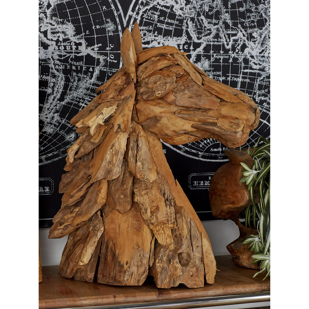 Teak Wood Horse Handmade Head Decorative Sculpture with Layered Woodchip Pieces - Brown - Roche River Decor