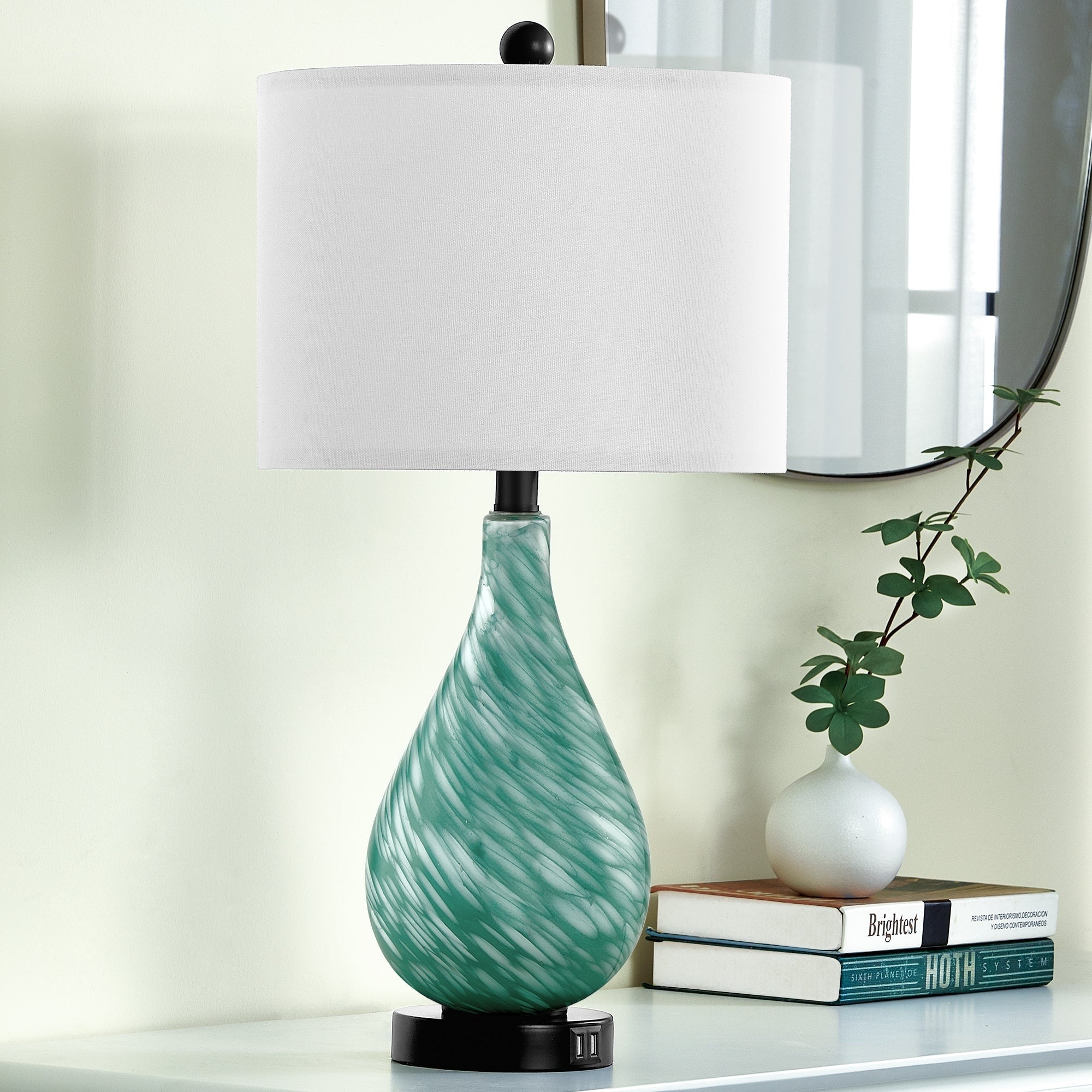 Cinkeda Table Lamp Teal Green Glass 3-Way Touch Dimming Dual USB Ports - 12'' x 12'' x 24'' (L x W x H)