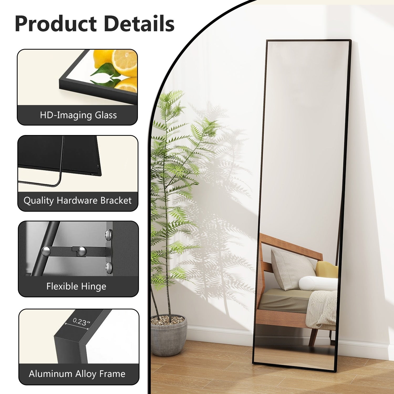 Full Length Mirror Standing Rectangle Black Frame Floor Mirrors Body Dressing Wall-Mounted Mirror