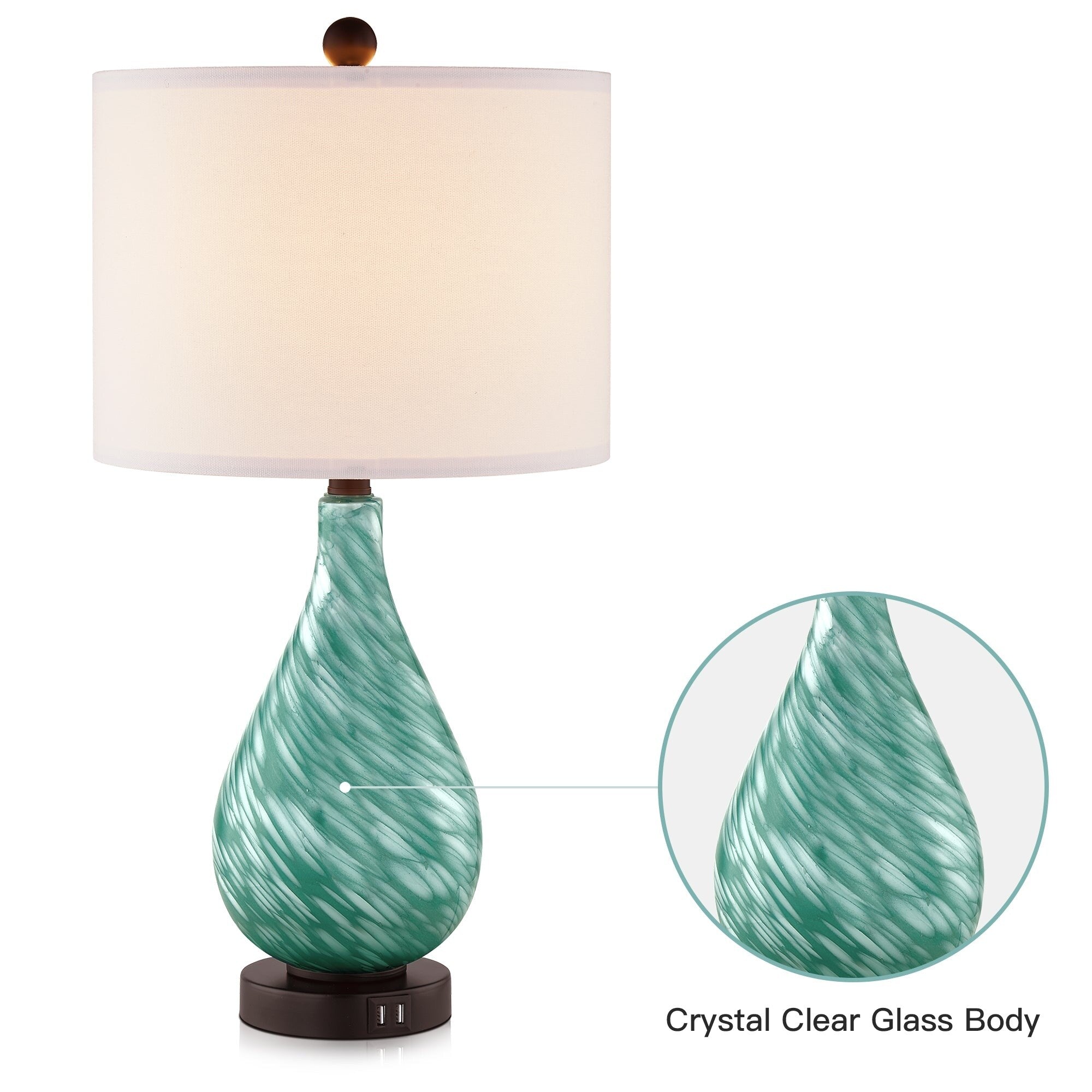 Cinkeda Table Lamp Teal Green Glass 3-Way Touch Dimming Dual USB Ports - 12'' x 12'' x 24'' (L x W x H)