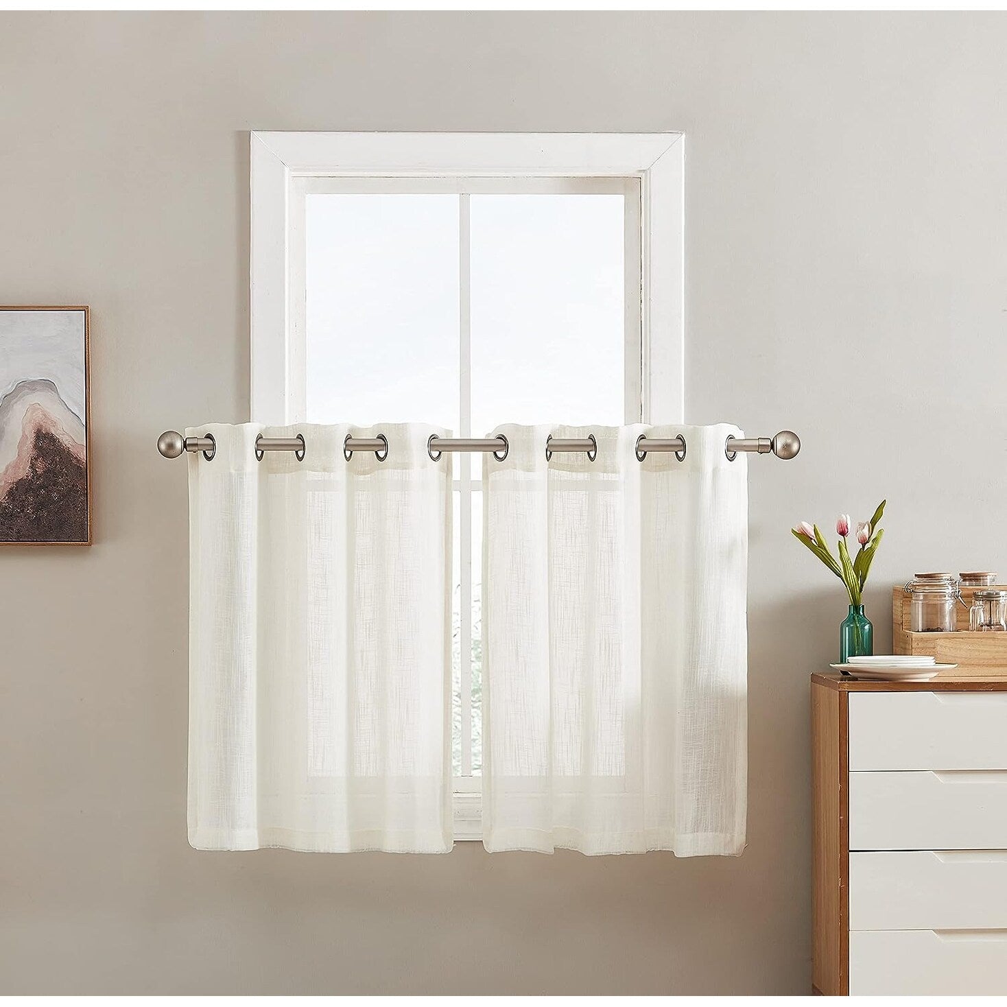 HLC.me Abbey Faux Linen Textured Semi Sheer Grommet Curtain Tiers Valance Small Windows, Bedroom & Bathroom