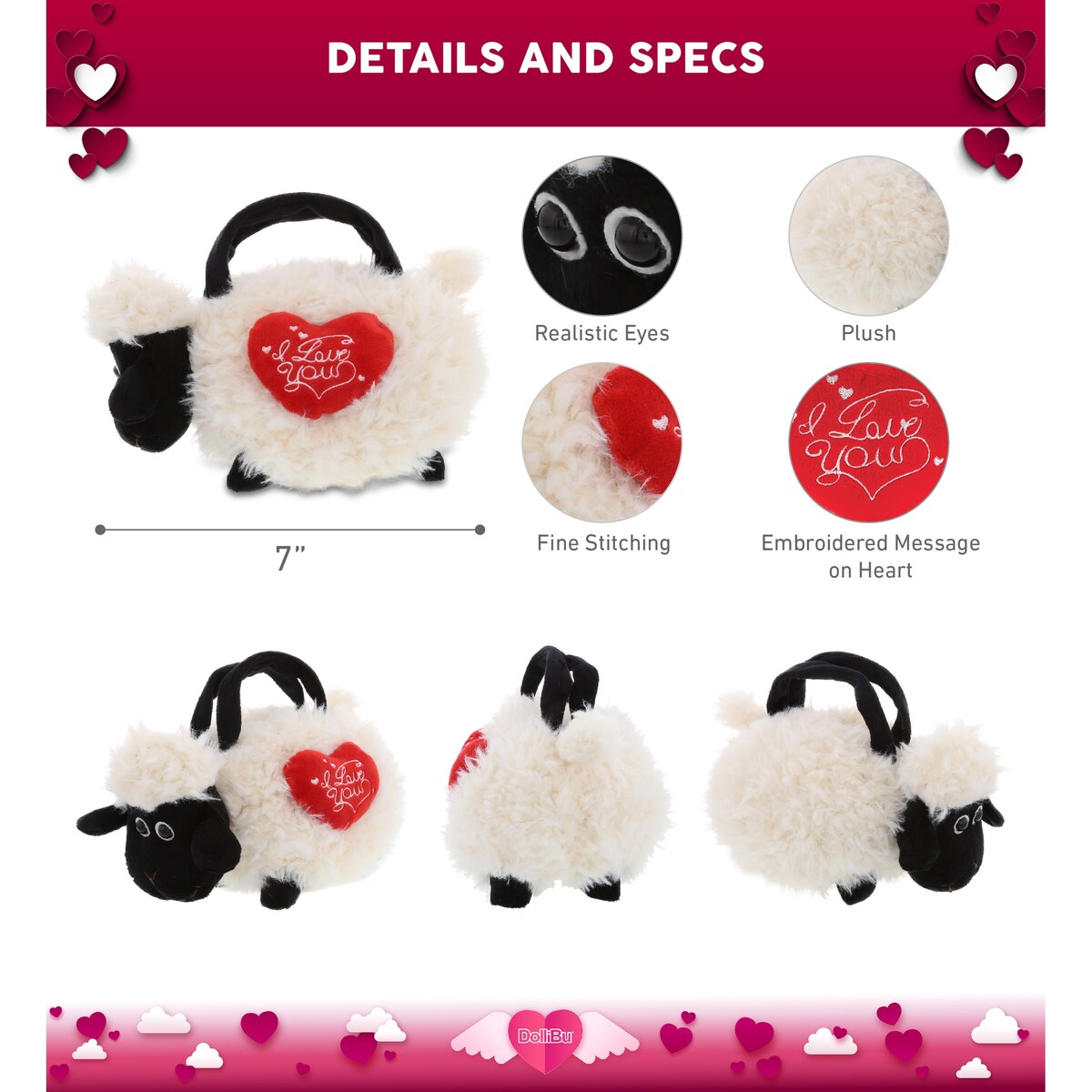 DolliBu I LOVE YOU Super Soft Plush Black Nose Sheep Handbag w/ Heart - 8.5 inches long