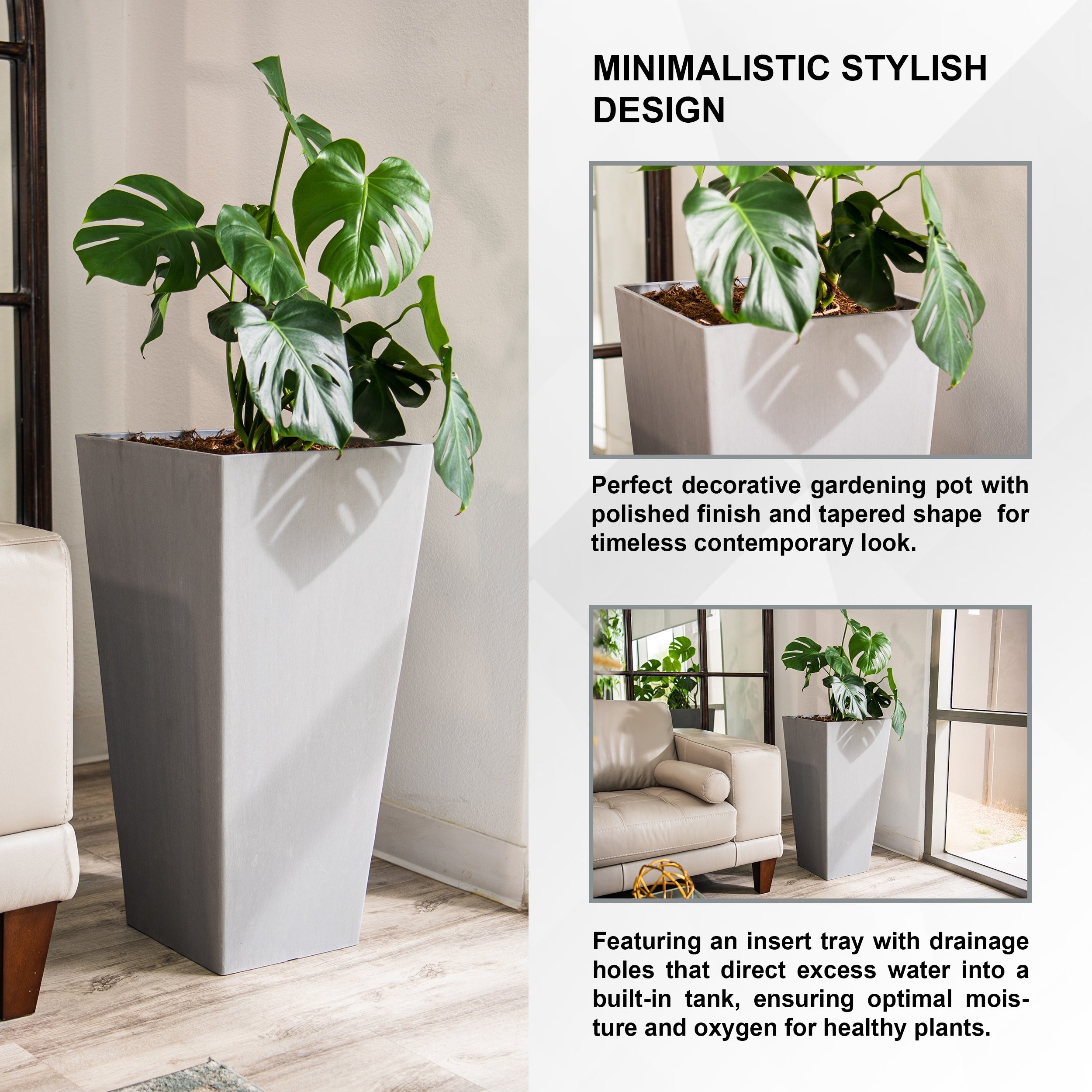 XBrand Modern 30-Inch Tall Modern Square Tapered Planter, Indoor & Outdoor