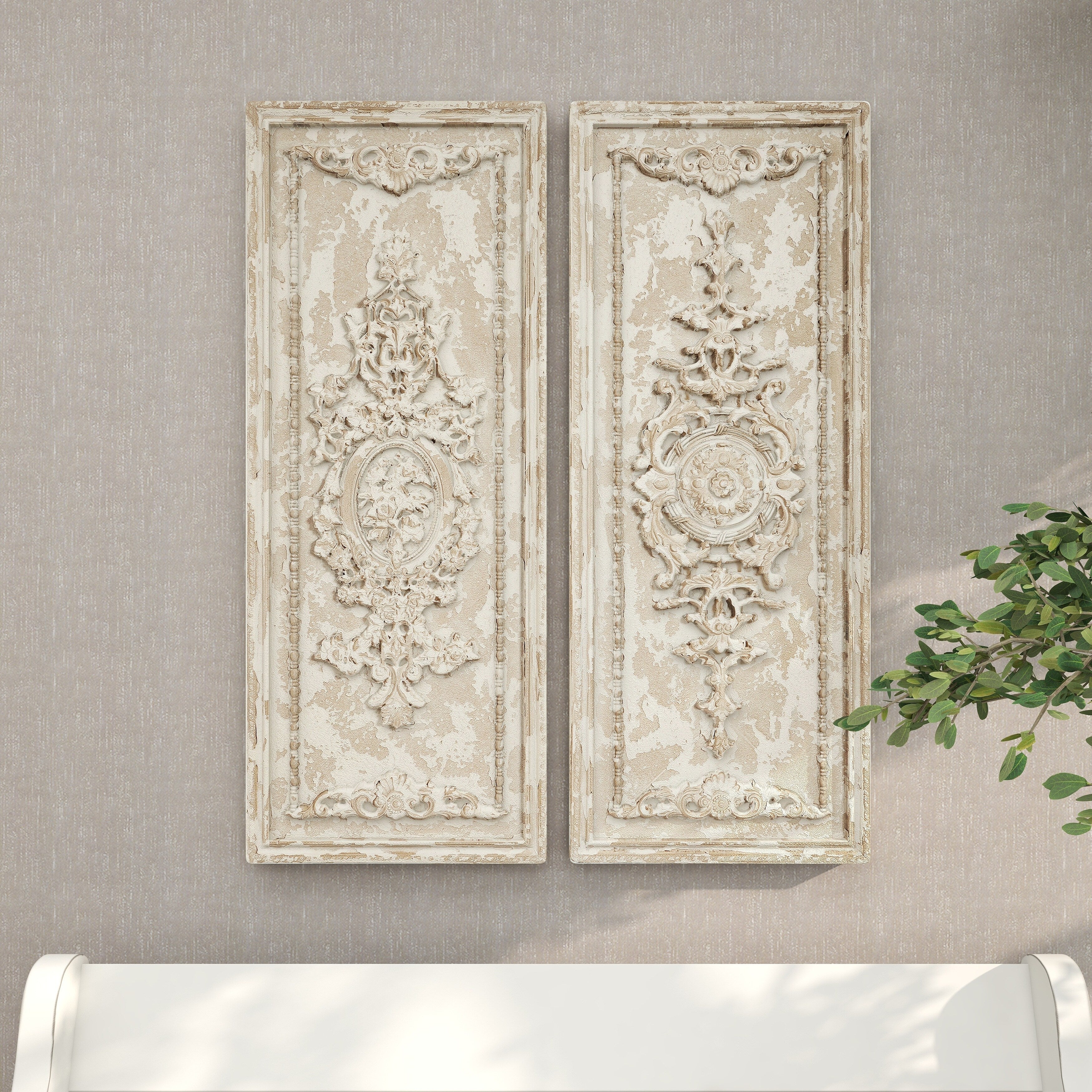 Fiberclay Ceramic Geometric Handmade Carved Arabesque Home Wall Decor - Set of 2 Beige - Roche River Decor