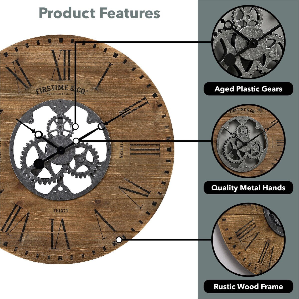 FirsTime & Co. Shiplap Steampunk Farmhouse Wall Clock