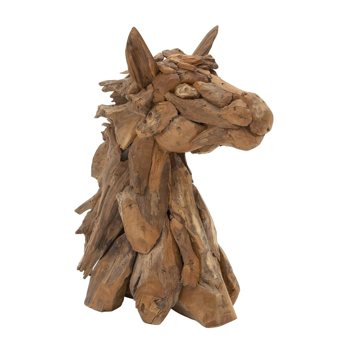 Teak Wood Horse Handmade Head Decorative Sculpture with Layered Woodchip Pieces - Brown - Roche River Decor