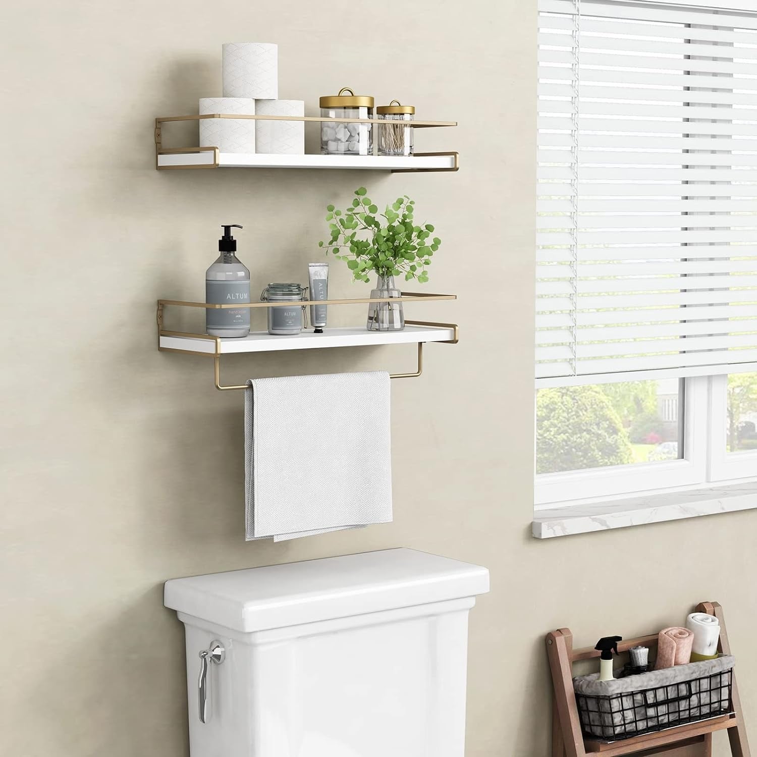 Wall Mounted Floating Shelves with Tower Bar, Set of 2