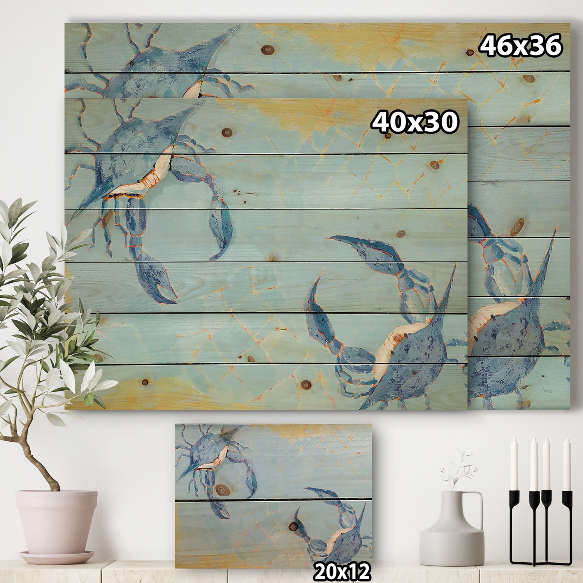 Designart 'Blue Coastal crab Battle' Nautical & Coastal Print on Natural Pine Wood - Blue