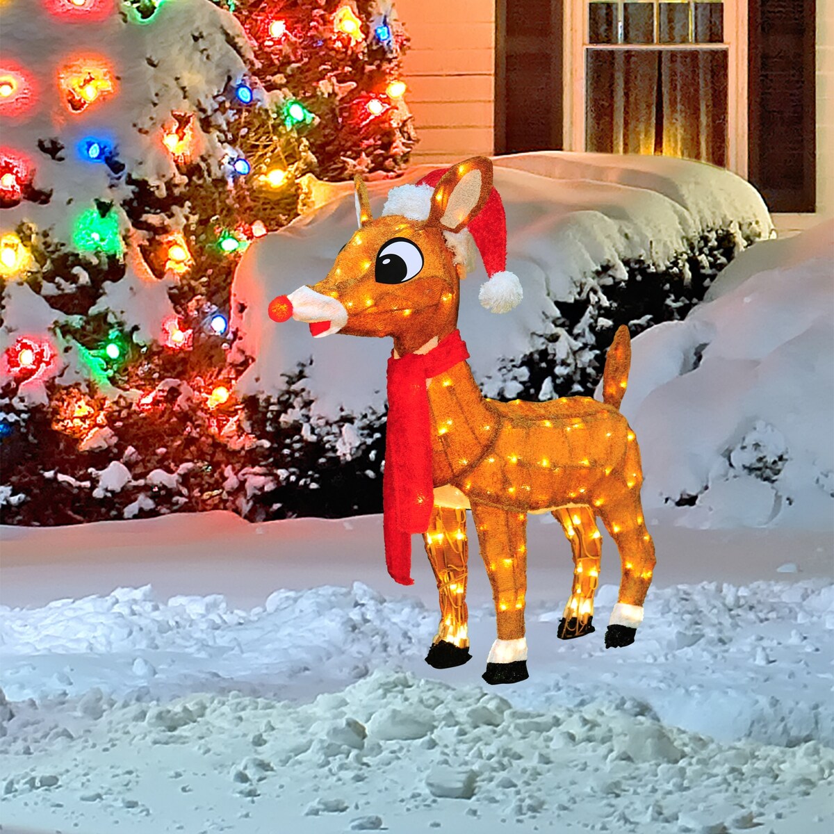 24 Rudolph 3D Pre-lit LED Yard Art Rudolph with Santa Hat and Scarf