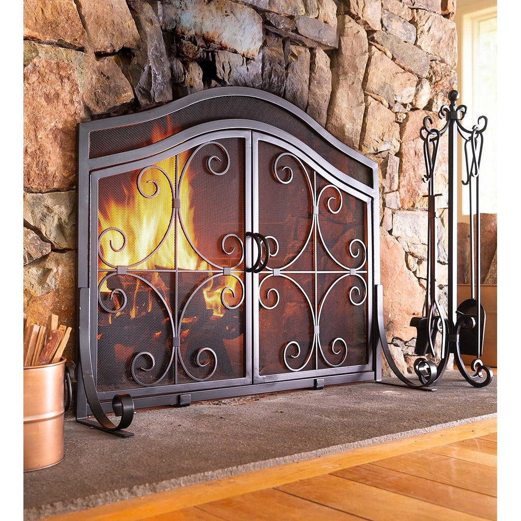 44 x 33 Crest Wrought Iron Fireplace Screen With Doors - Black - One Size