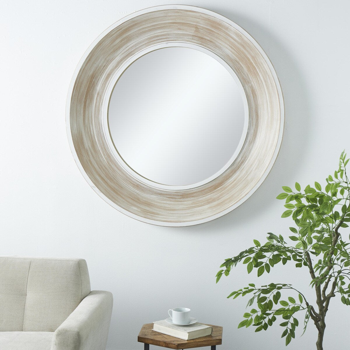 Wooden Room Wall Mirror with White Wash Effect - Cream - Roche River Decor