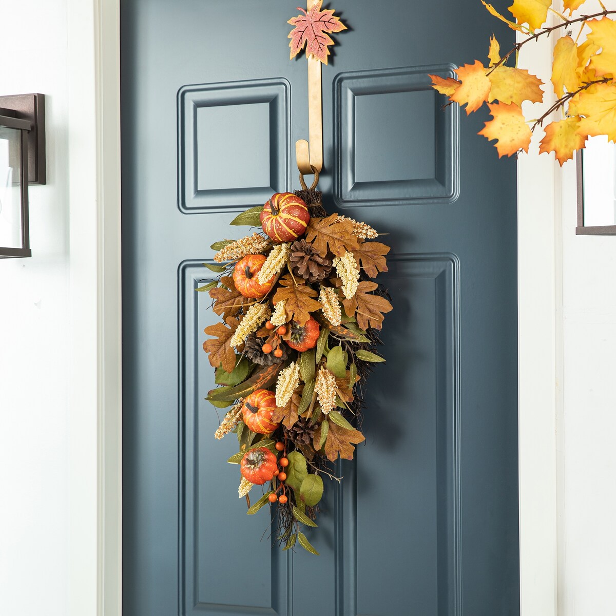 Glitzhome Fall Pumpkin Leaf Pine Cones Floral Swag Wreath