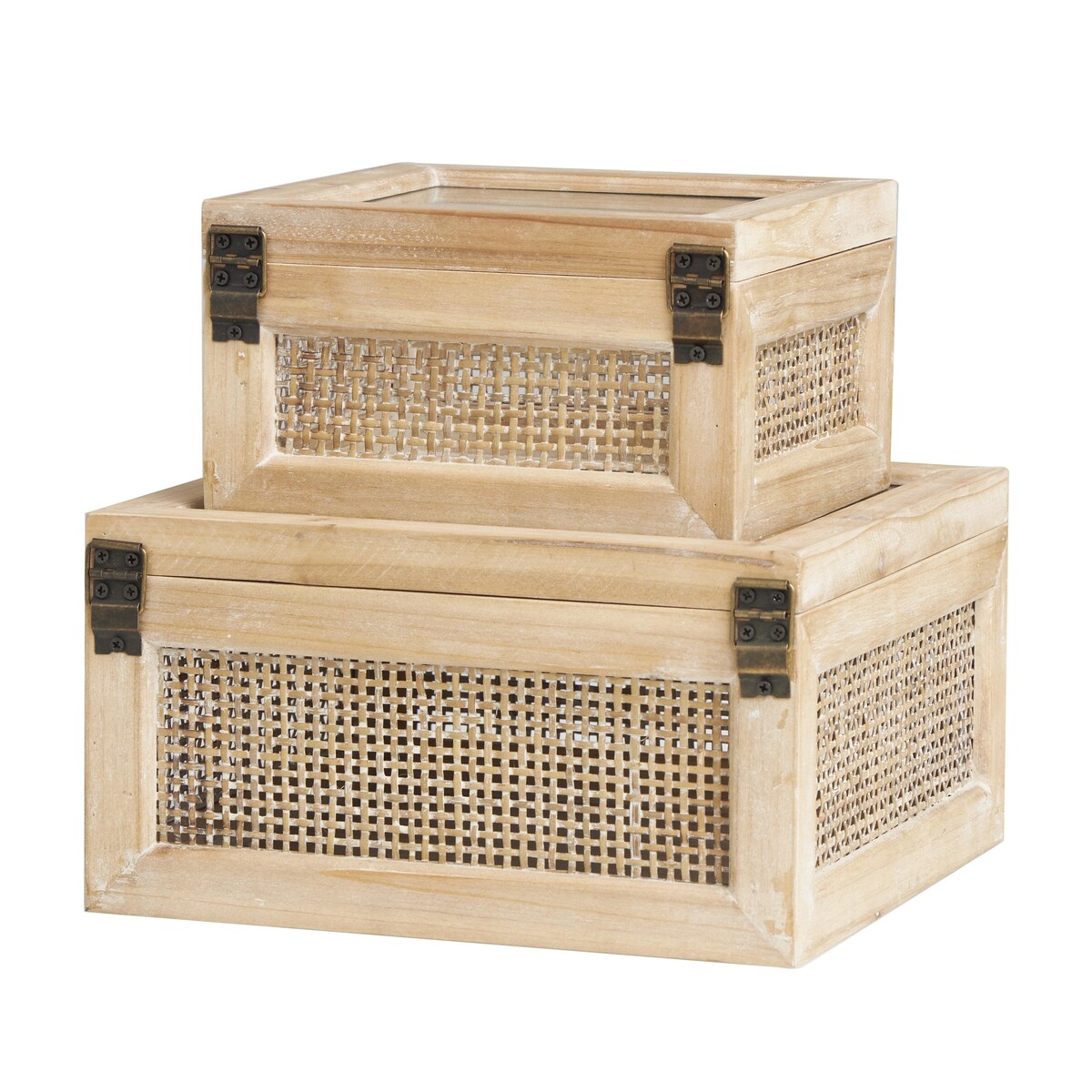 Wood Glass Top Decorative Box with Rattan Side Panels and Bronze Hook Closures - Set of 2 Light Brown - The Novogratz