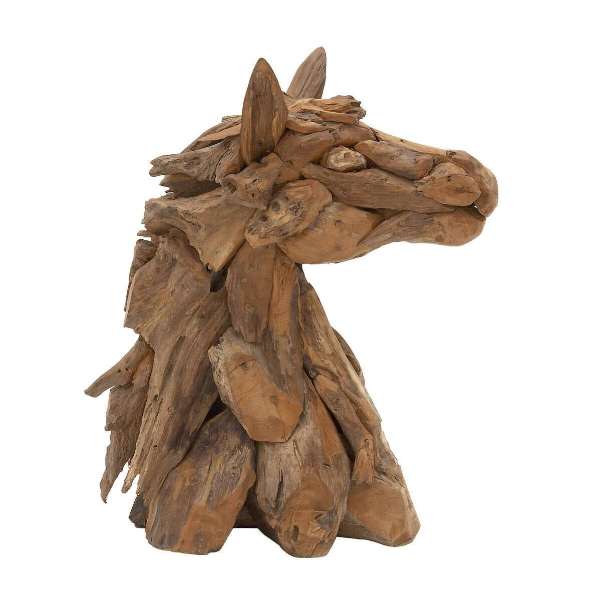 Teak Wood Horse Handmade Head Decorative Sculpture with Layered Woodchip Pieces - Brown - Roche River Decor