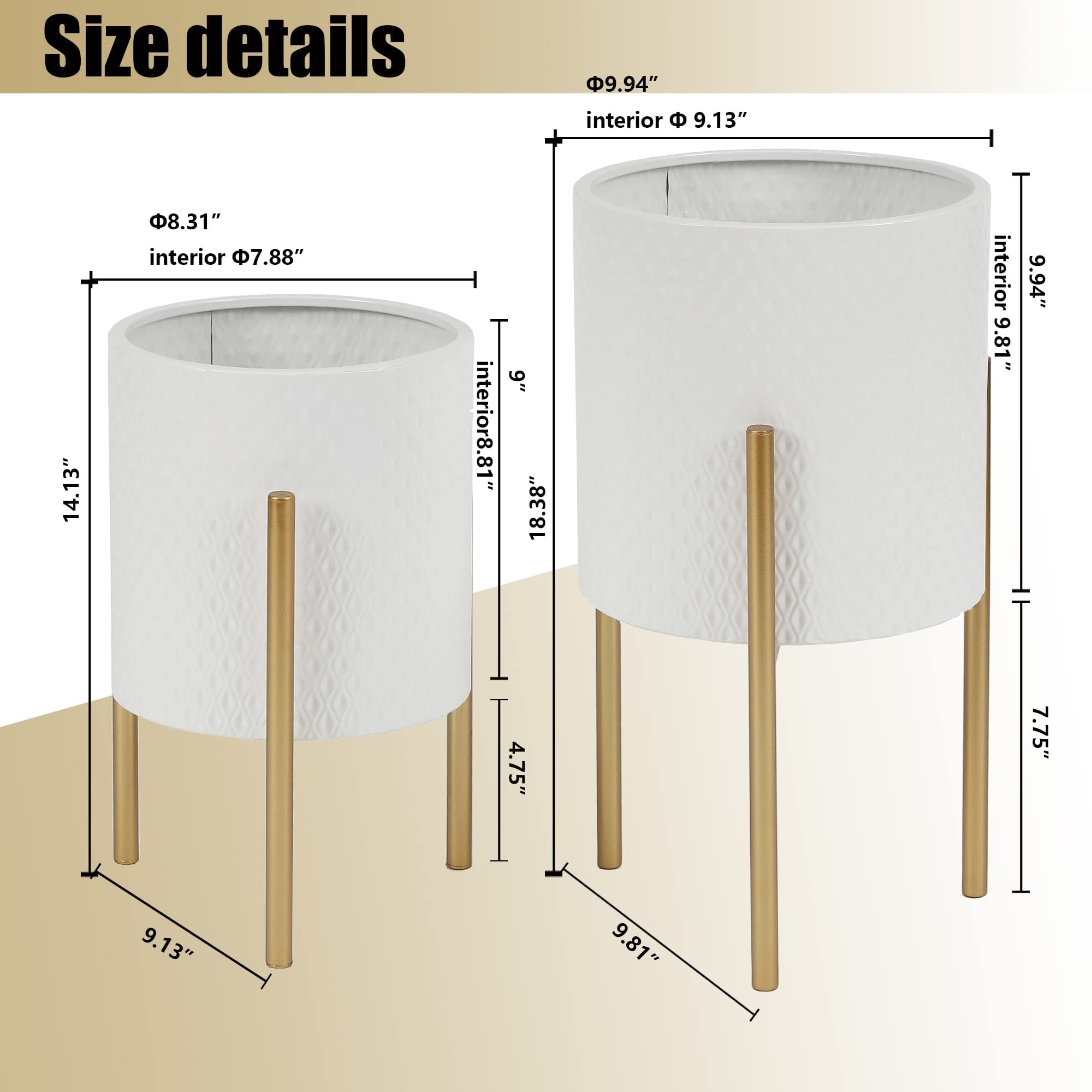 2-Piece Handmade Diamond Pattern Metal Pot Planter with Gold Stand Set