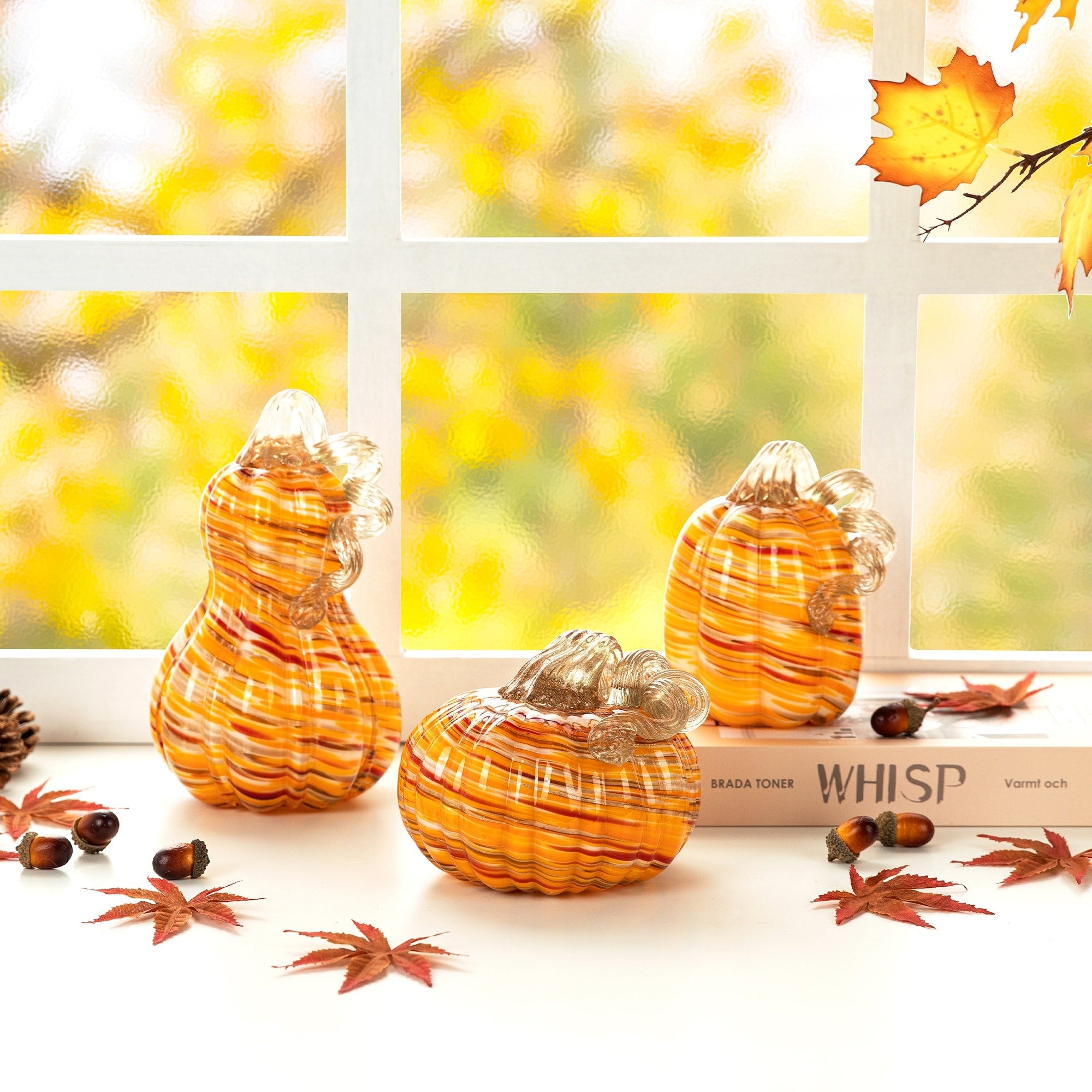 Glitzhome S/3 Thanksgiving Harvest Glass Pumpkin & Gourd Decor Christmas Centerpiece