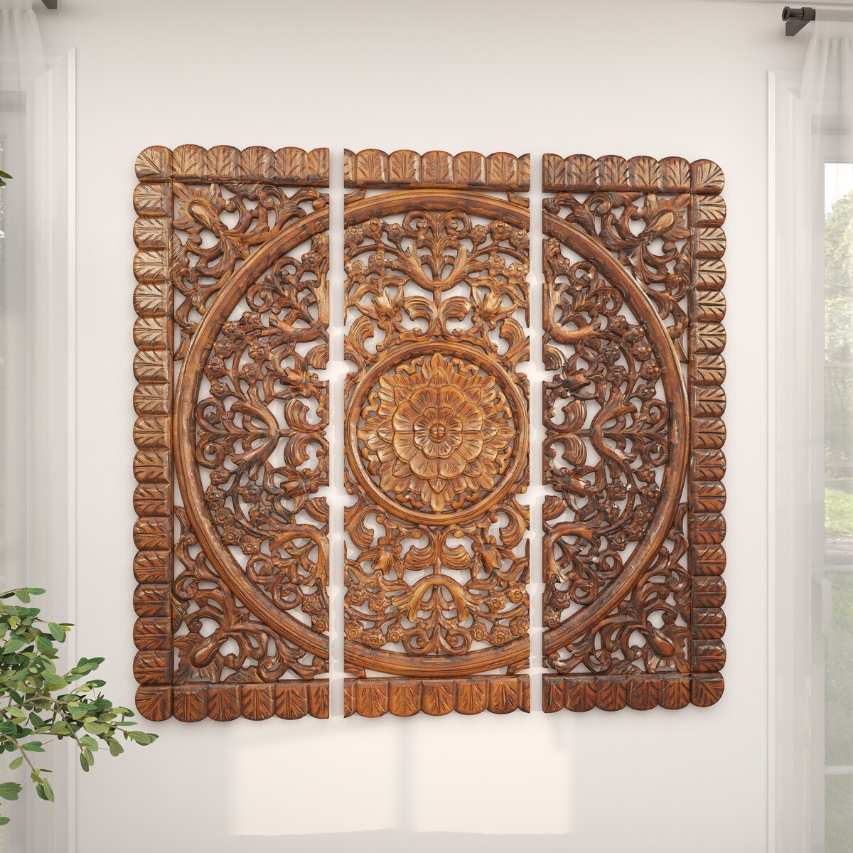 Wooden Floral Handmade Intricately Carved Mandala Panel Home Wall Decor - Set of 3 Brown - Roche River Decor