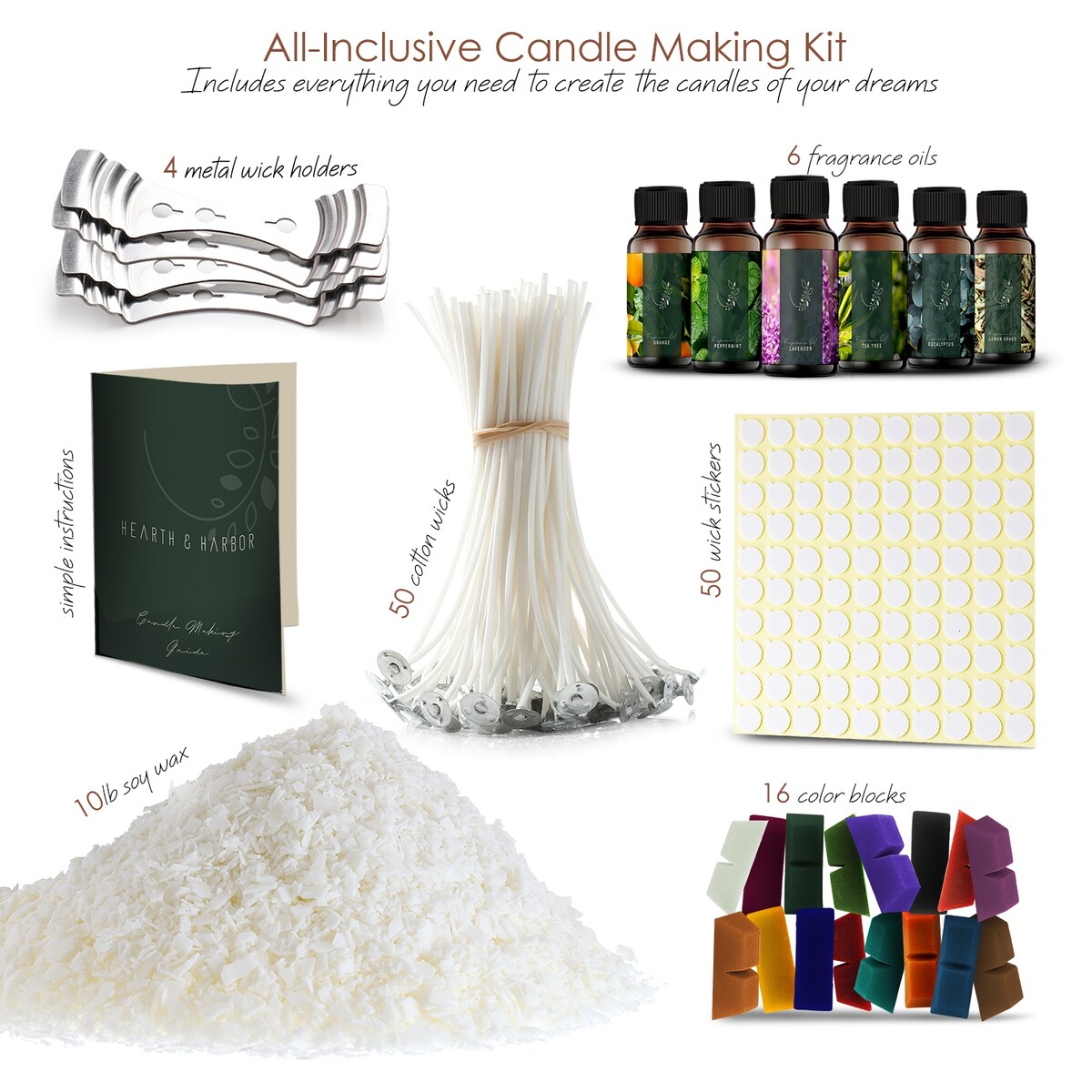 Hearth & Harbor 128 Piece DIY Bulk Candle Making Supply Kit - 10lbs Natural Soy Wax, Fragrance Oil, Dye Blocks, and Lot More