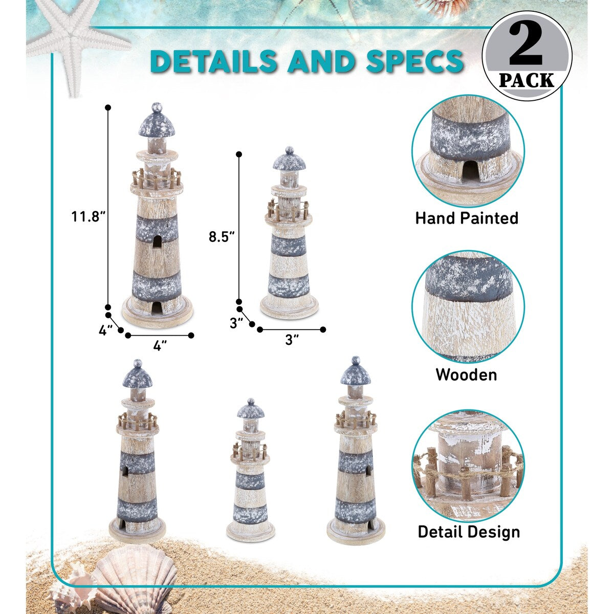 CoTa Global Silver Sea Lighthouse Collection, 2 Pcs Set - Handmade - 11.8″Lx4″Wx4″H