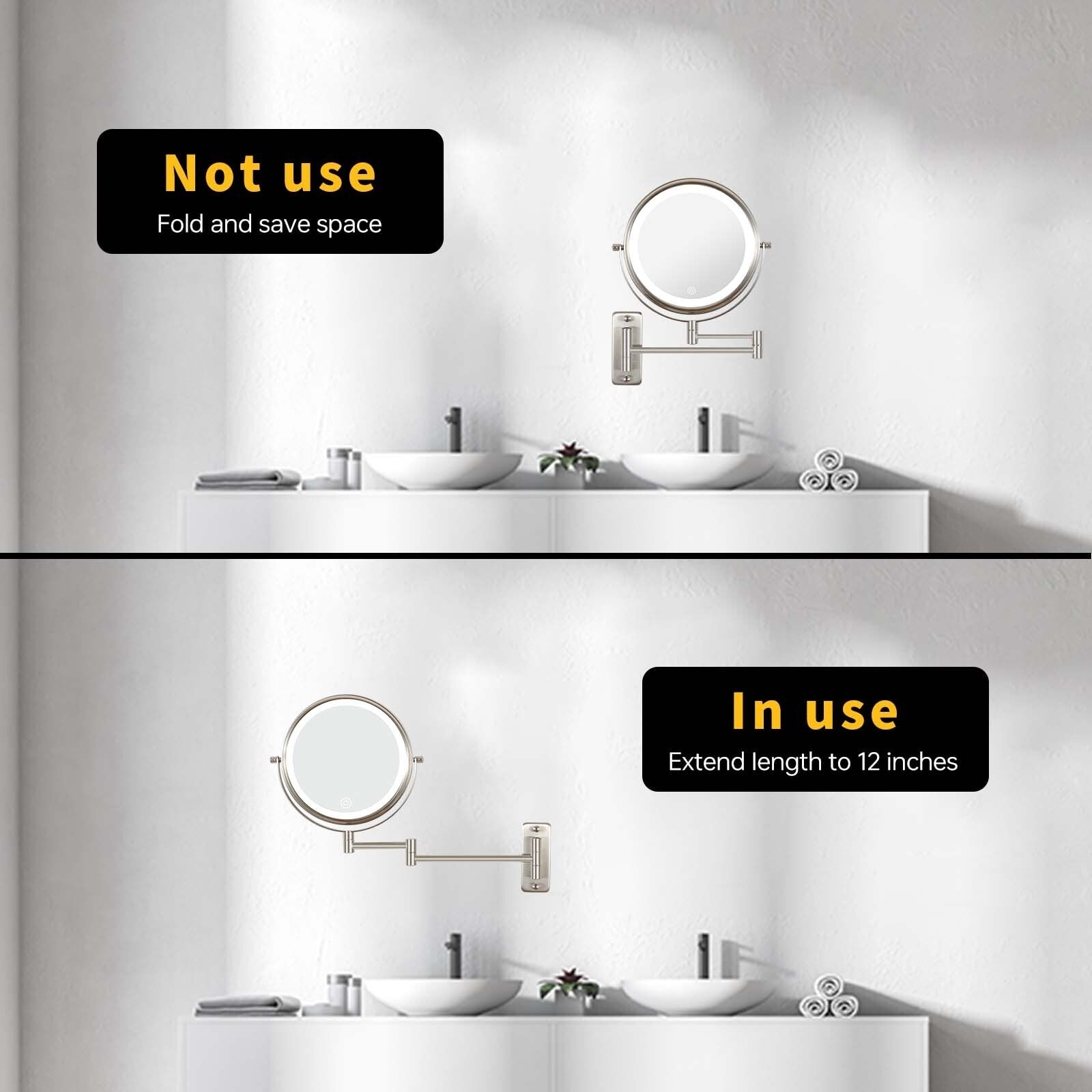 8 Round Wall Mount Bathroom Makeup Mirror, Rechargeable, Magnification 1x/10x, 3 Color Lights