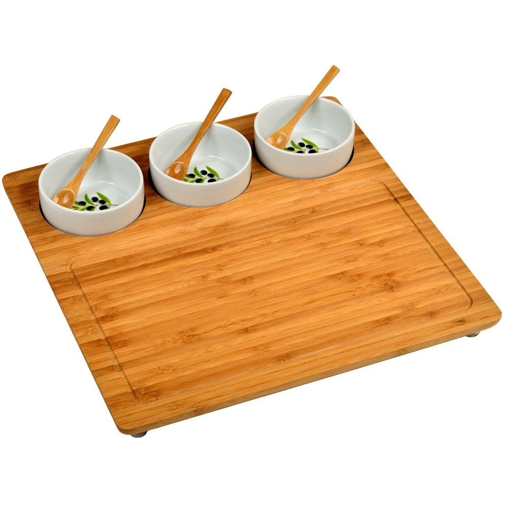 Picnic at Ascot Bamboo Serving Platter with 3 Ceramic Bowls