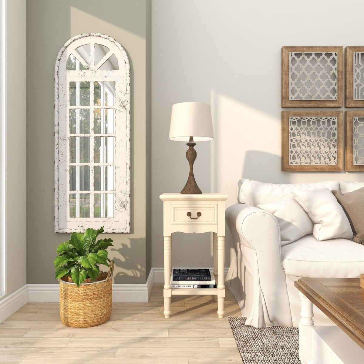 Wooden Window Pane Inspired Room Wall Mirror with Arched Top and Distressing - White - Roche River Decor