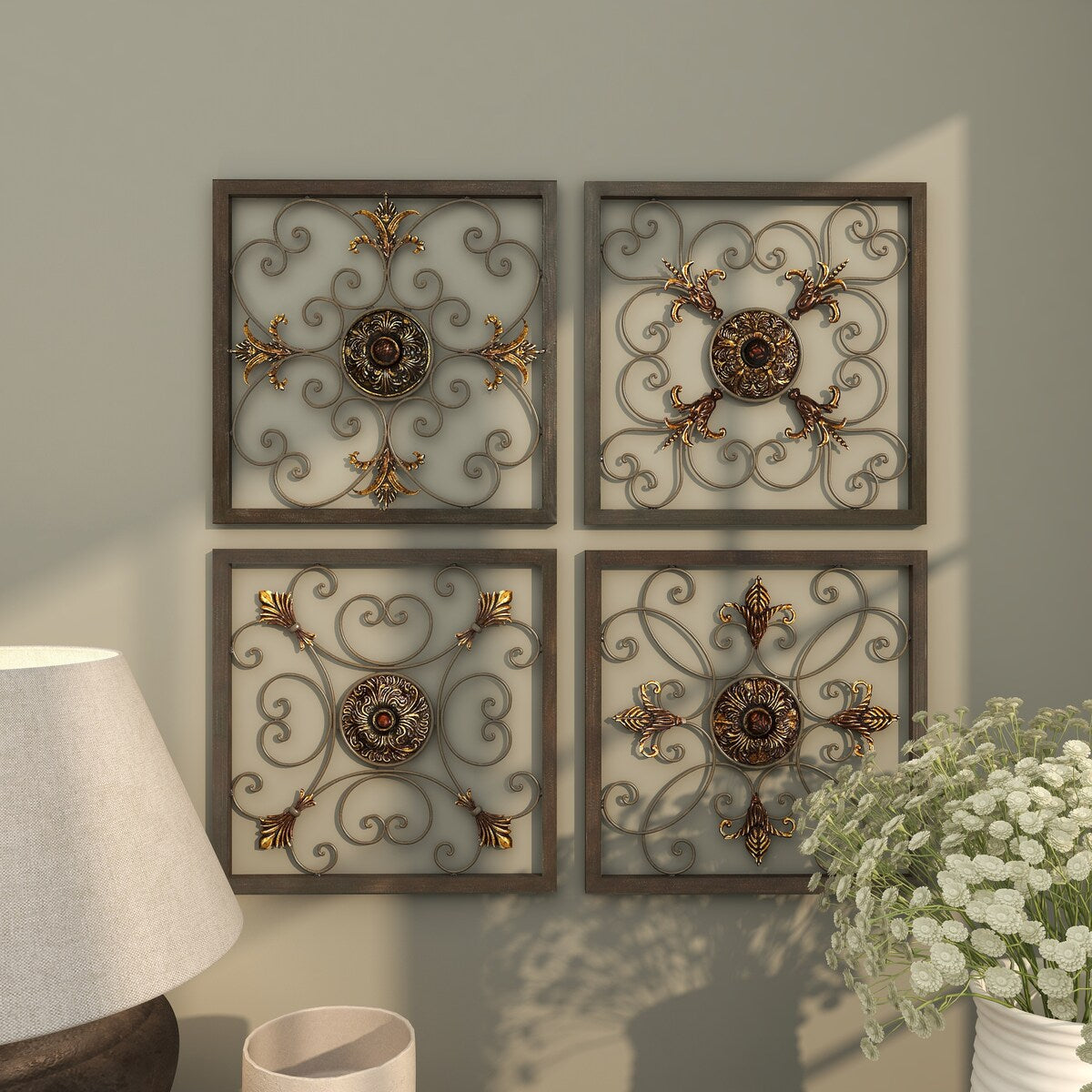 Metal Fleur De Lis Wire Scroll Home Wall Decor with Gold Accents - Set of 4 Brown - Roche River Decor