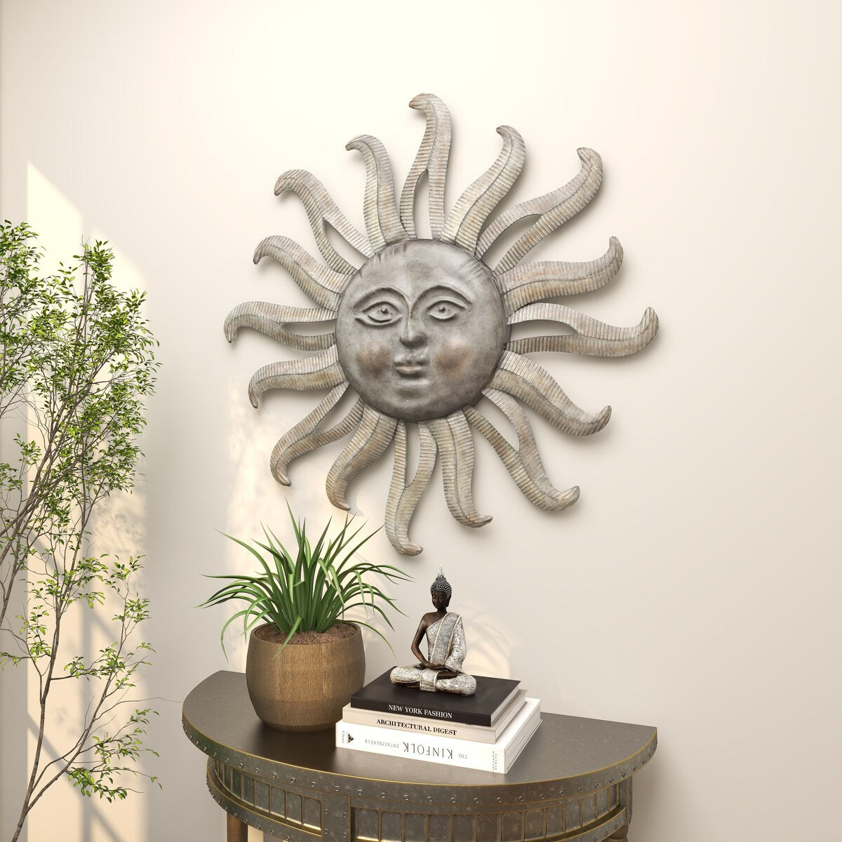 Metal Sun Indoor Outdoor Face Home Wall Decor with Ribbed Detailing - Gray - Roche River Decor