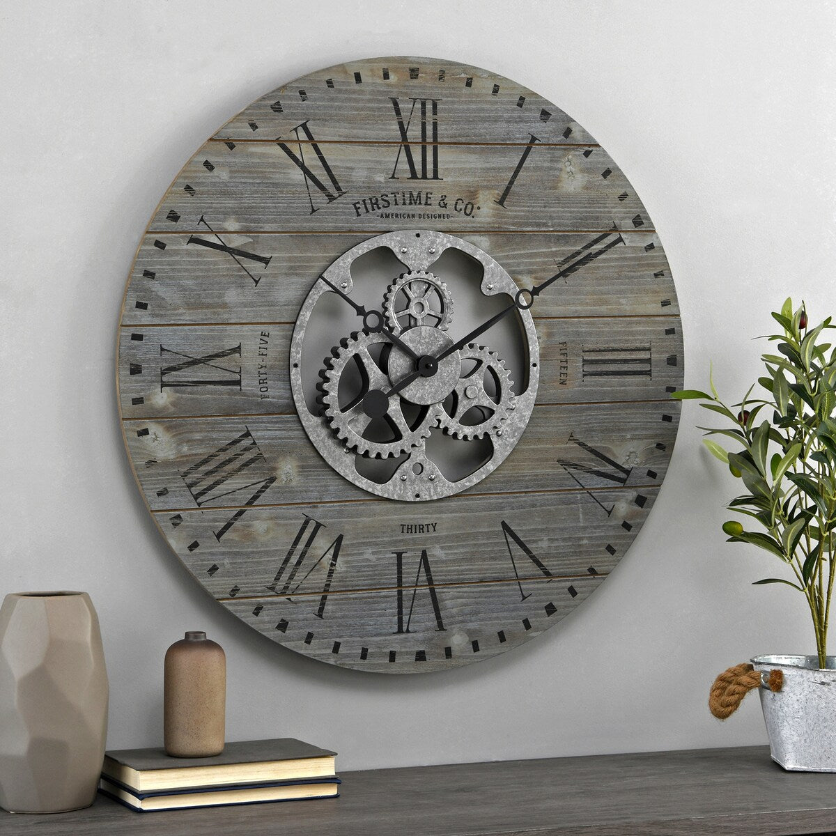 FirsTime & Co. Shiplap Steampunk Farmhouse Wall Clock