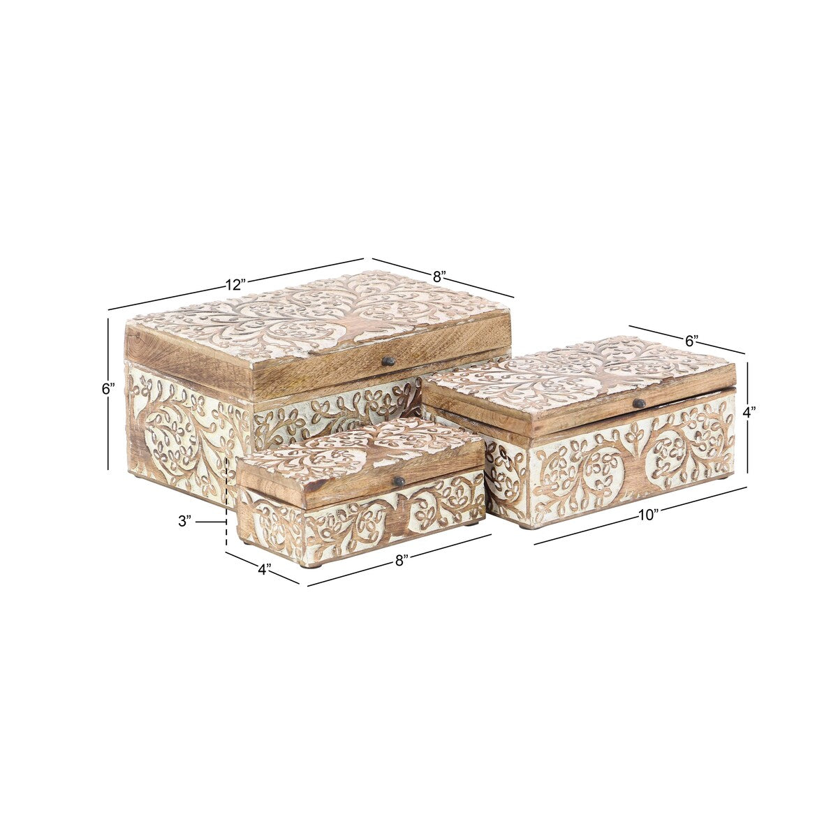 Mango Wood Floral Handmade Decorative Box with Hinged Lid - Set of 3 Brown or White - Roche River Decor