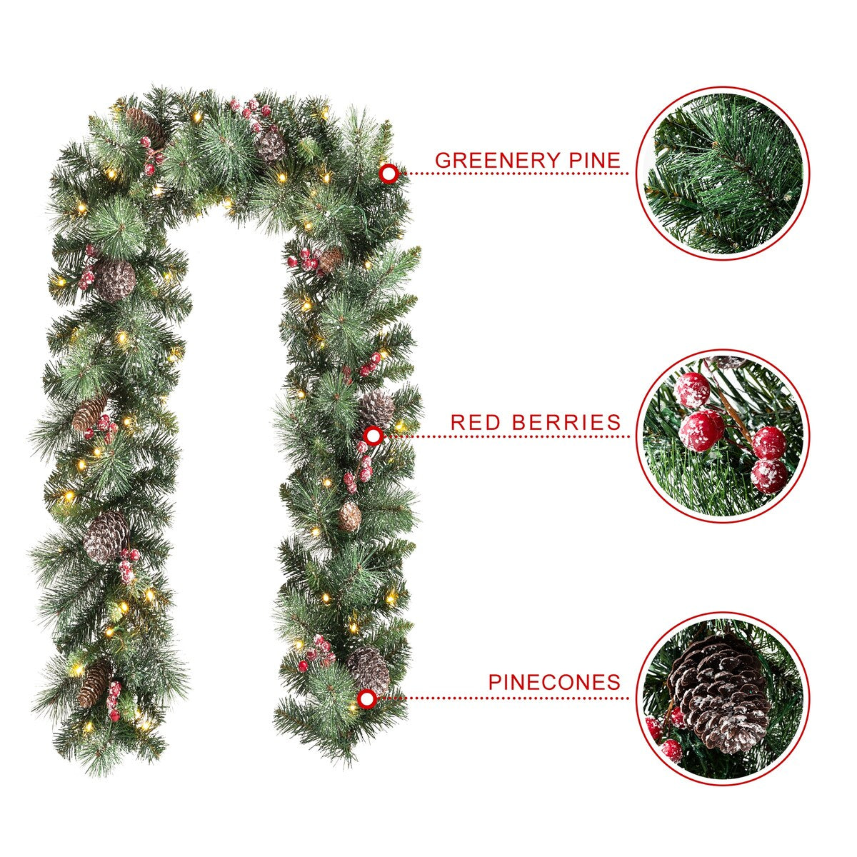 Glitzhome 2pk 6ft Pre-Lit Pinecones or Snow Flocked Christmas Garland, with Warm White LED Lights and Timer